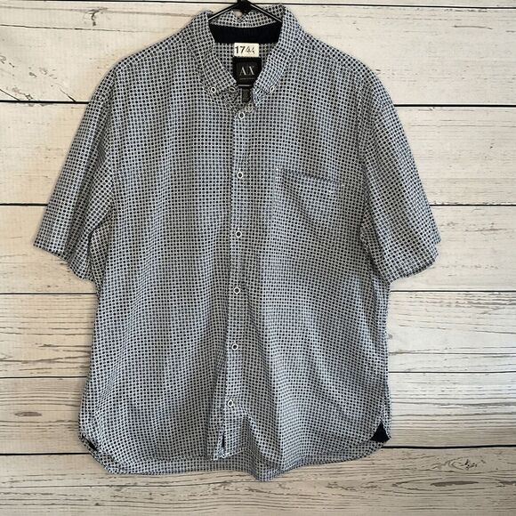 AX Armani Exchange XXL‎  18,5 Blue Print Short Slv Button up Shirt ACTUAL-Large - Picture 4 of 12